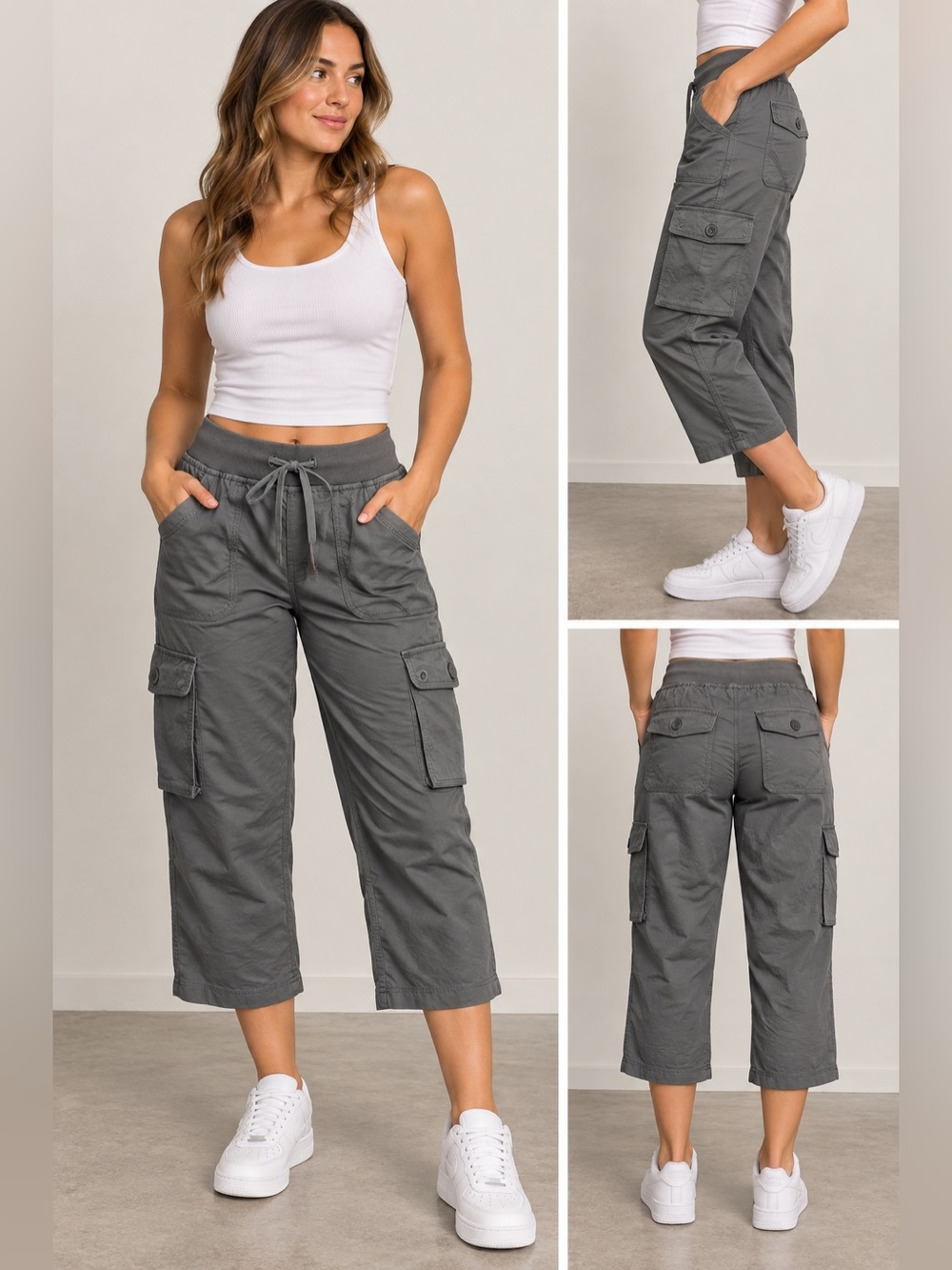 Women's Gray Cargo Capri Pants - Comfortable Drawstring Waist